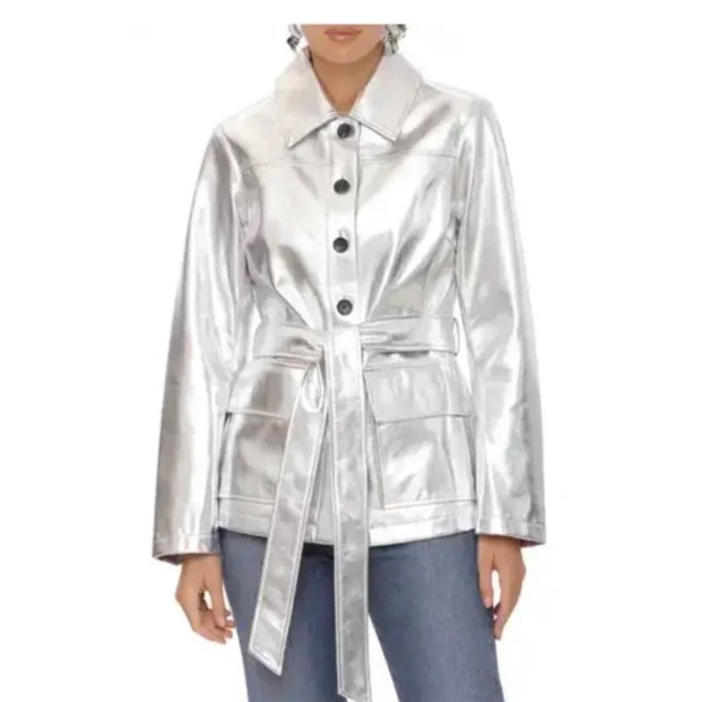 Avec Les Filles Silver Metallic Belted Jacket Size XS